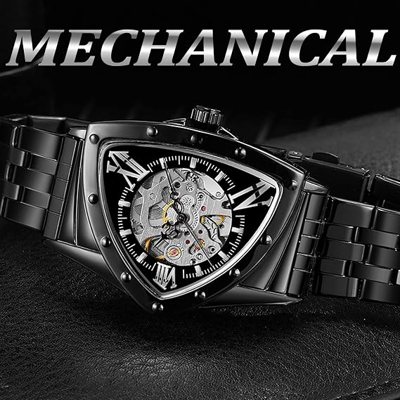 FORSINING Triangle Skeleton Men's Automatic Mechanical Watch Luxury Gold Black Stainless Steel Watches Waterproof Luminous Sports Wristwatch