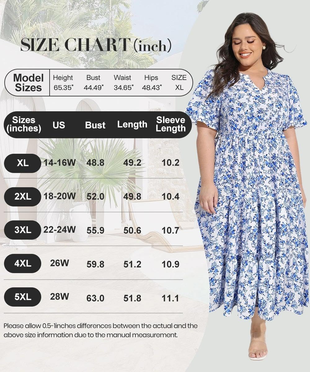 TIYOMI Women Plus Size Dress Boho V Neck Short Sleeve Beach Maxi Dresses Floral/Stripe/Leaves/Lemon XL-5XL - Image 7