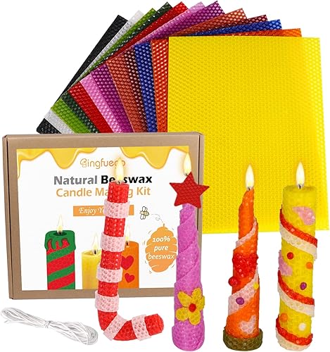 Bingfuego Kit de fabricación de velas de cera de abeja para niños, hojas de cera de abeja de 12 colores para hacer velas, kit de fabricación de