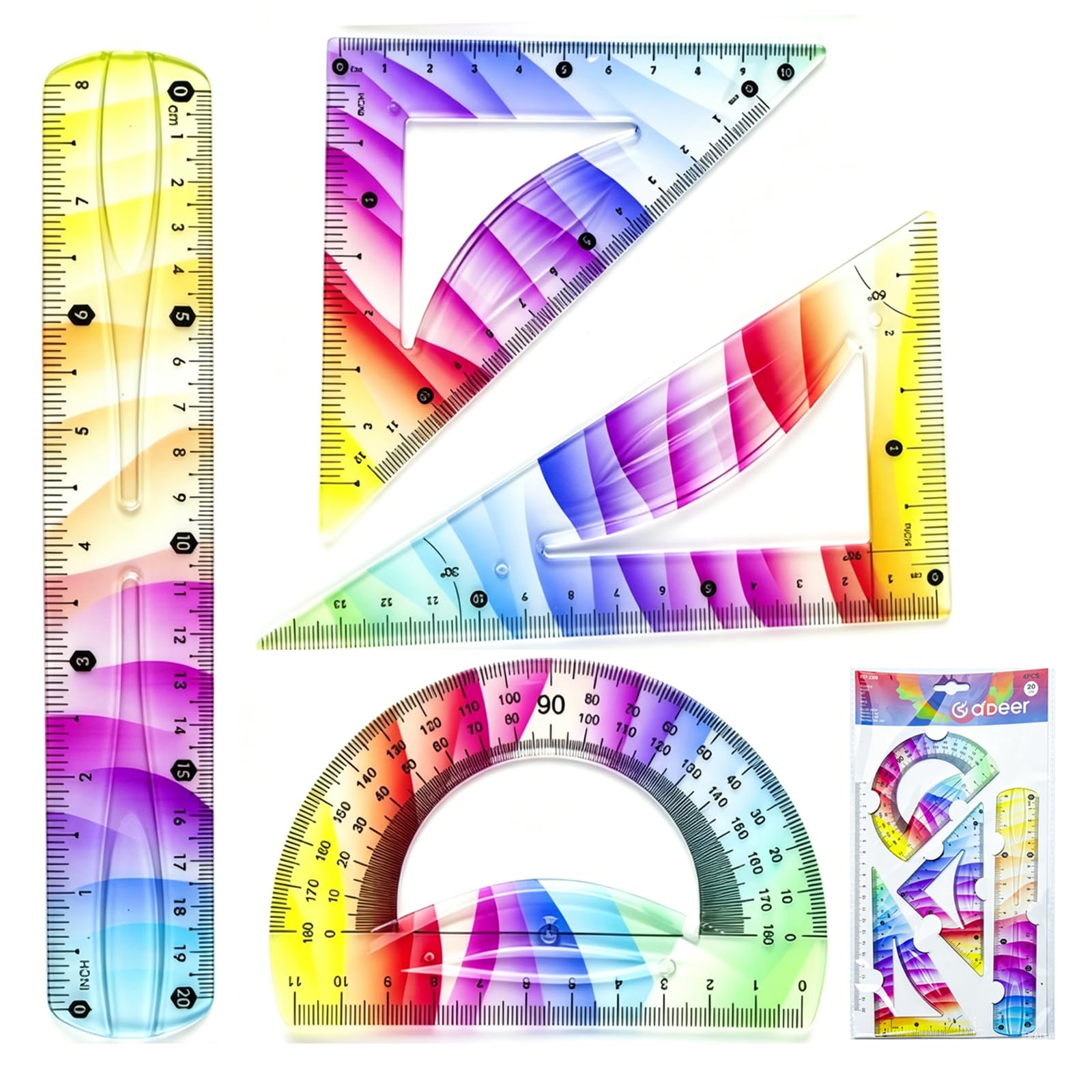 4PCS Bendy Ruler Set, Flexible Ruler Set with Protractor and Triangle Rulers, Portable Geometry Sets with Dual Scale Measurement, Maths Set for Students Geometry Learning