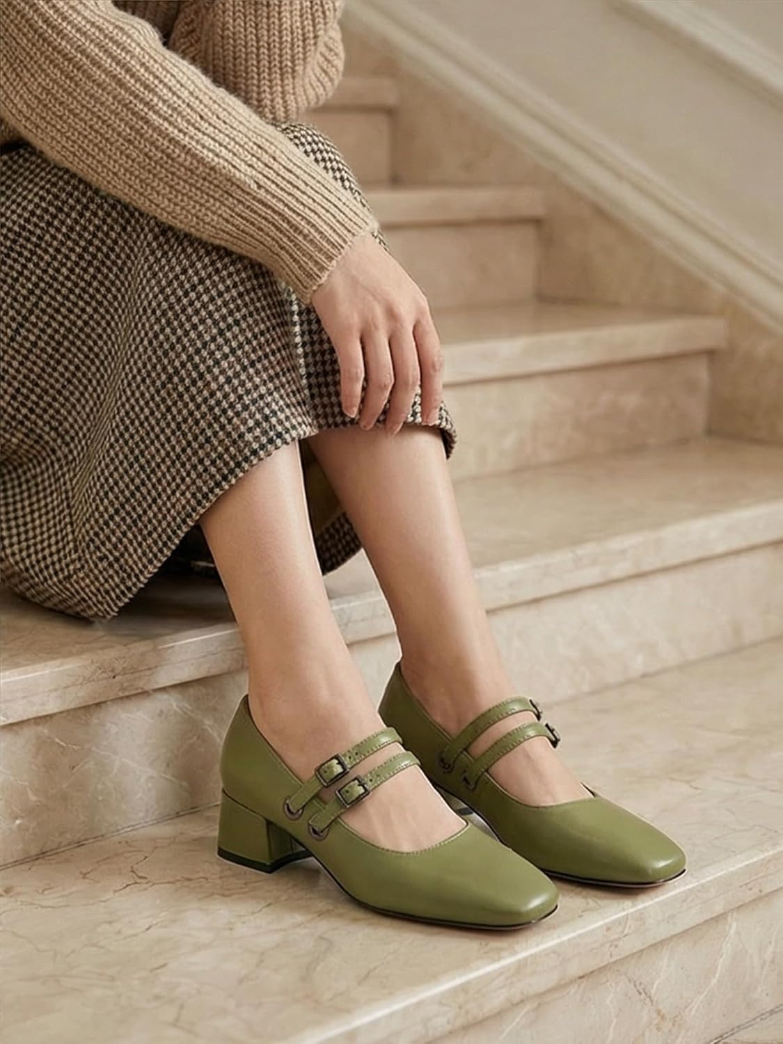 Women's Mary Jane Low Pearl Heels Closed Square Toe Pumps Ballet Dressy Double Strap Comfortable Slip on Shoes