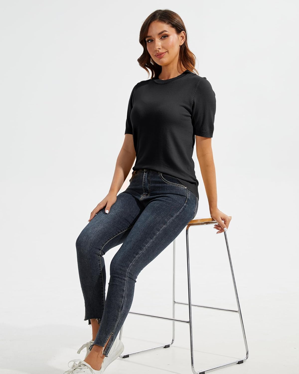 Women's Short Sleeve Sweater Crew Neck Pullover Lightweight Loose Tops Dressy Casual Blouse Basic Clothes - Image 4