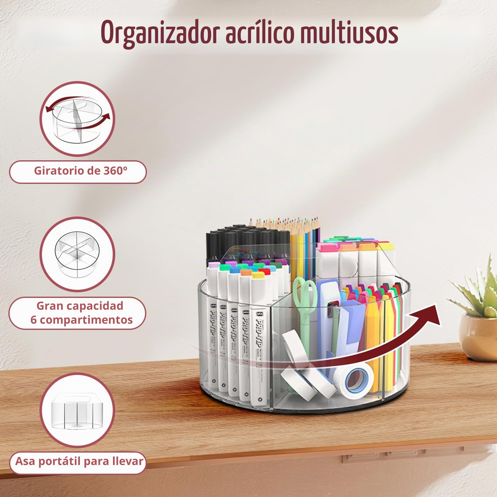 Absonic Organizador de lápices de acrílico, soporte giratorio de 360 grados, organizadores de crayones para niños, organizador de suministros de arte para escritorio, organizador de escritorio para