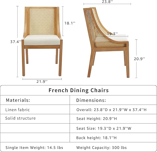 Miniatura 3 de French Country - Juego de 4 sillas de comedor de ratán beige, sillas de comedor de madera con respaldo de caña y asiento tapizado de lino, marco de