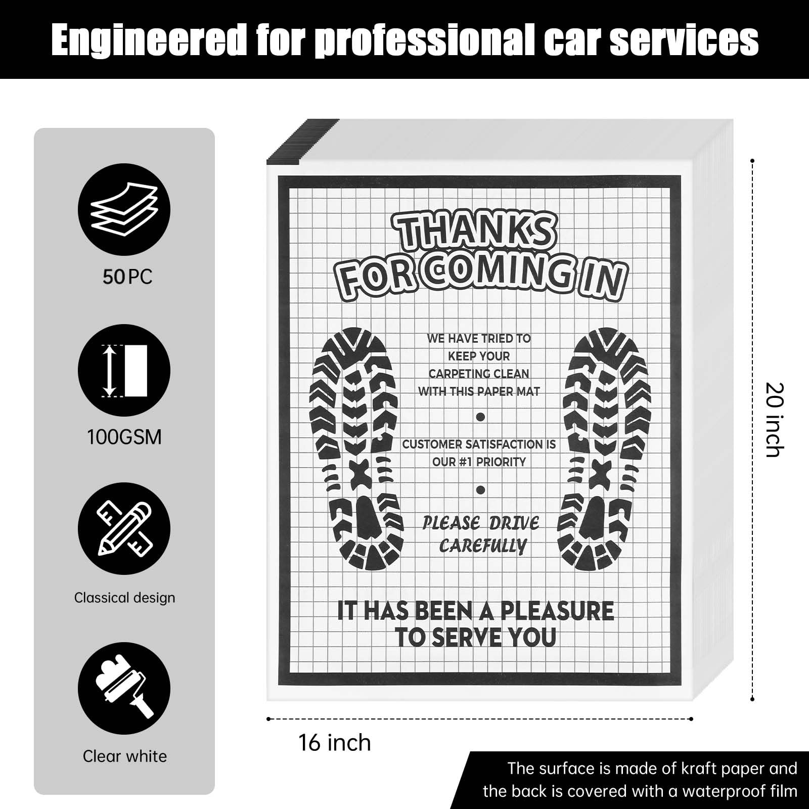 50Pcs White Paper Floor Mats for Cars 16x20 Disposable Auto Floor Pads Made of Kraft Paper Waterproof Thank — view 2