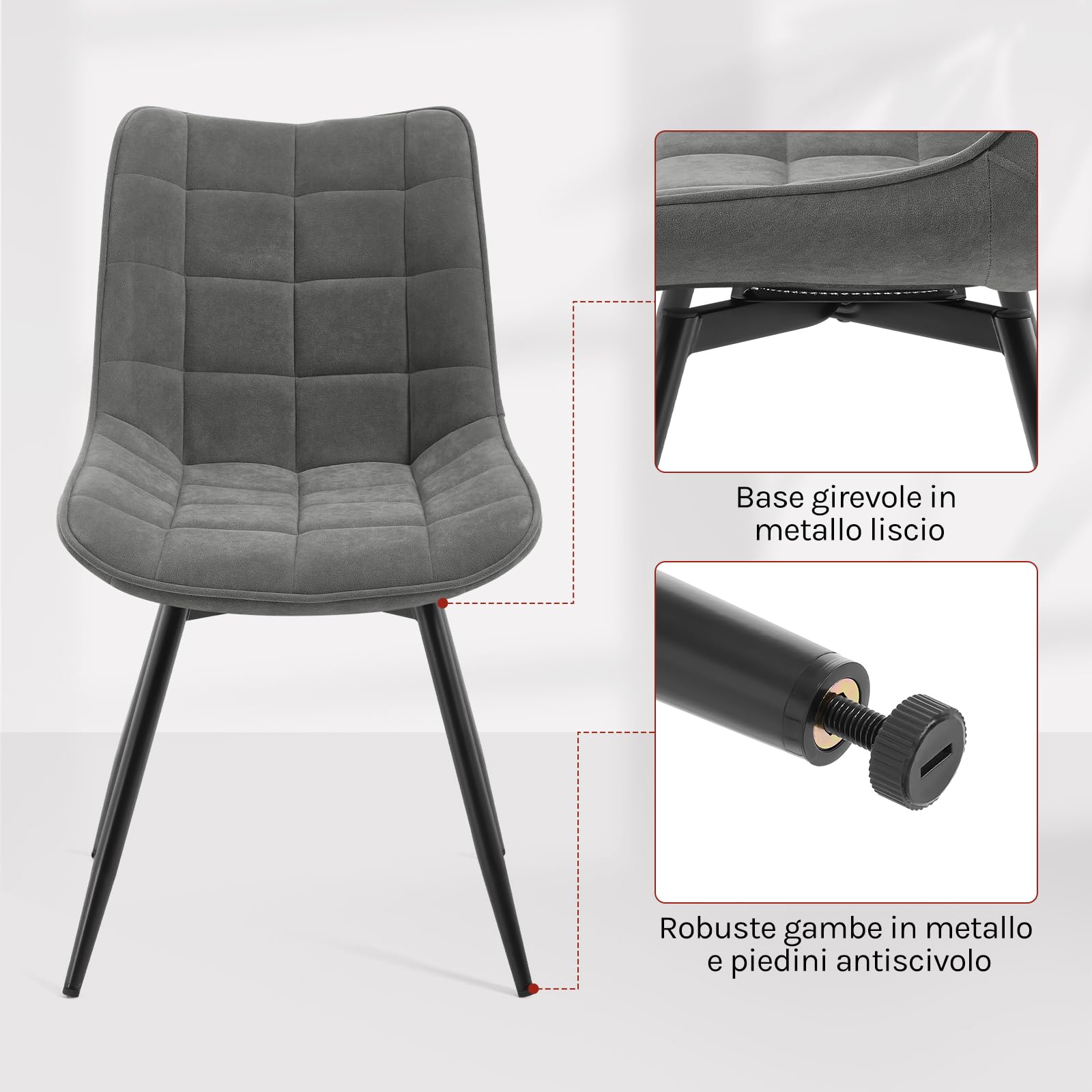 WOLTU Sedie da Pranzo Girevole Set di 4, Sedie da Cucina, con Sedile Imbottito, Schienale Alto, Gambe in Metallo, Tessuto in Velluto, Grigio Scuro