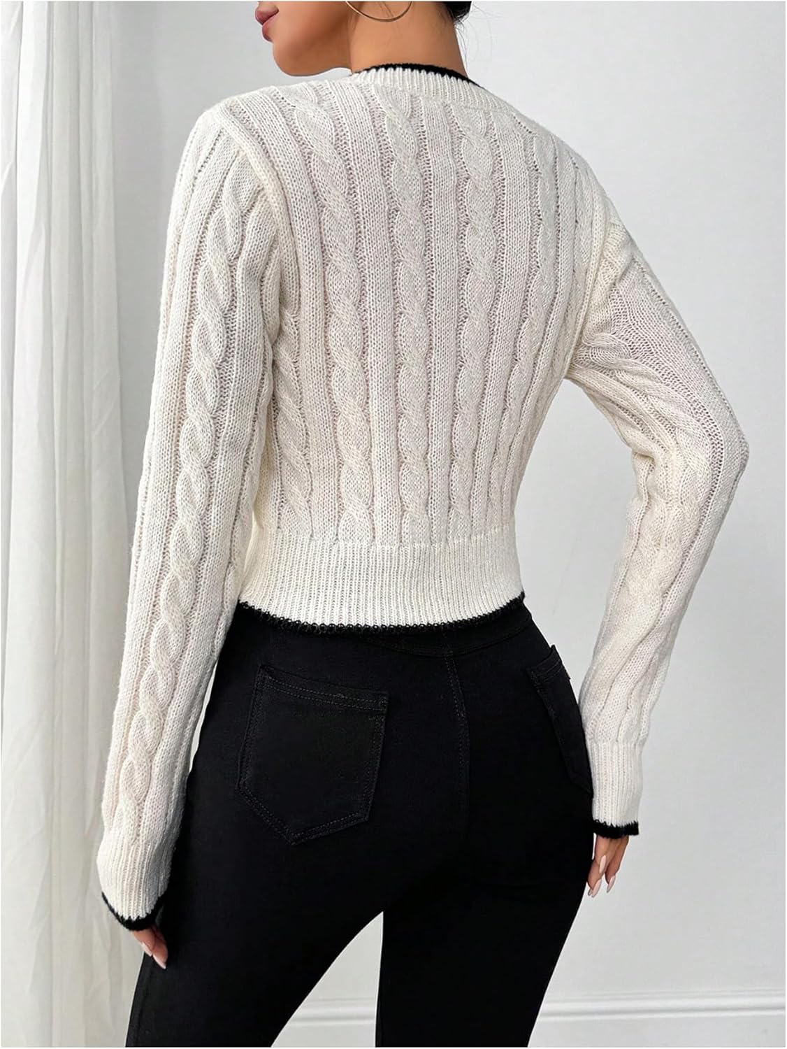 OYOANGLE Women's V Neck Cable Knit Long Sleeve Sweater Y2K Bow Embroidery Casual Cropped Pullover Tops - Image 3
