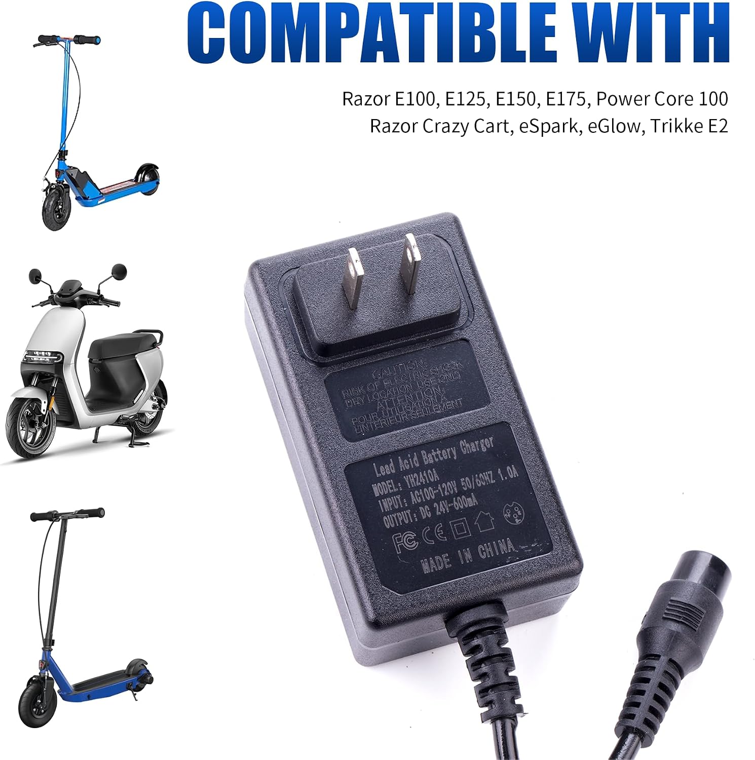 24V 600mA Charger for Razor E100, E125, E150, E175, Crazy Cart, eSpark - Premium Compact Replacement E100 Charger