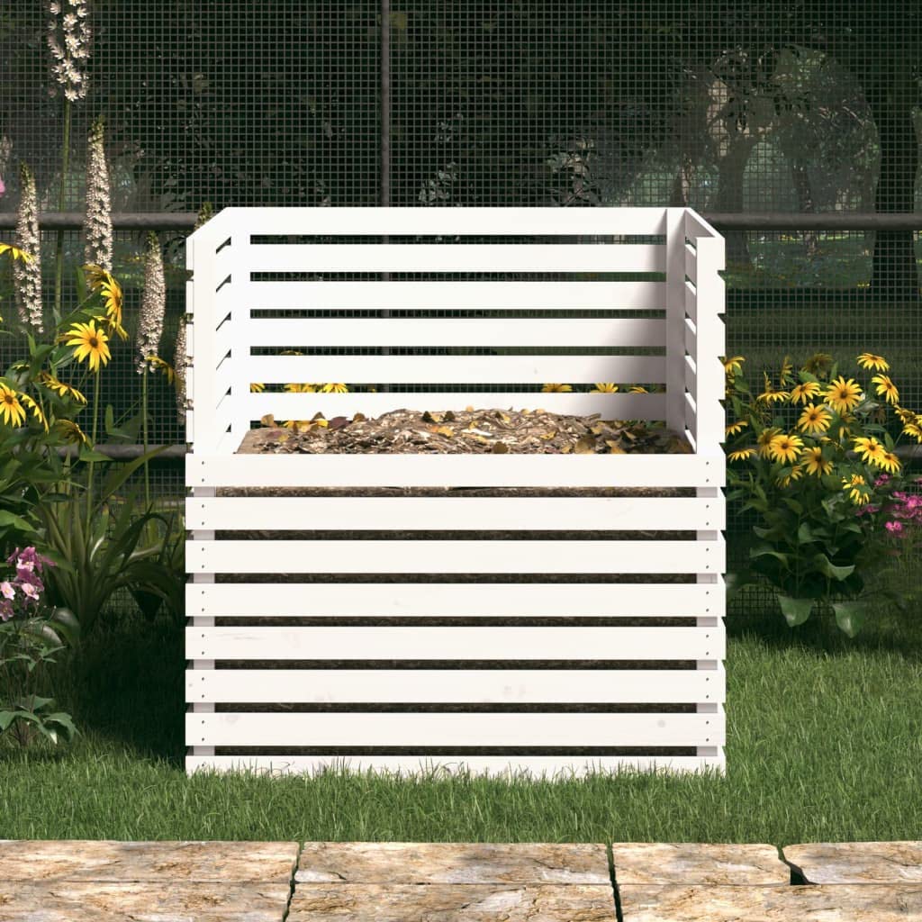 Komposter Weiß aus massivem Kiefernholz 100x100x102 cm, großer Behälter für Garten und Balkon, geruchlos mit Belüftung, ideal für Abfall, Dünger, Humus und Recycling