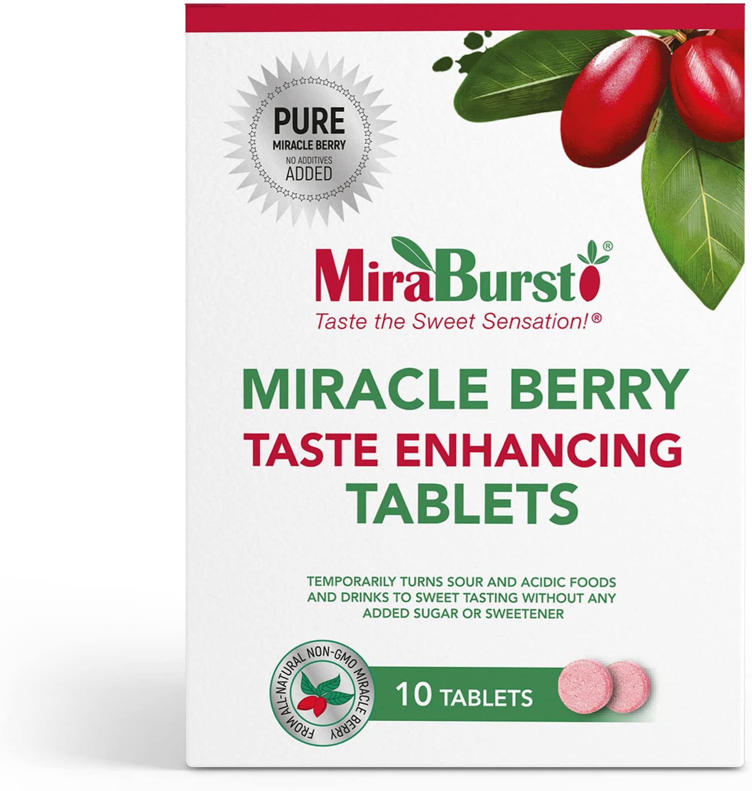 MiraBurst Taste Enhancing Miracle Berry Tablets (20 Count), Produced from 100% Pure Miracle Fruit Powder, No Additives, No Preservatives, Non-GMO, Vegan, Turns Sour and Acidic Food and Drinks Sweet
