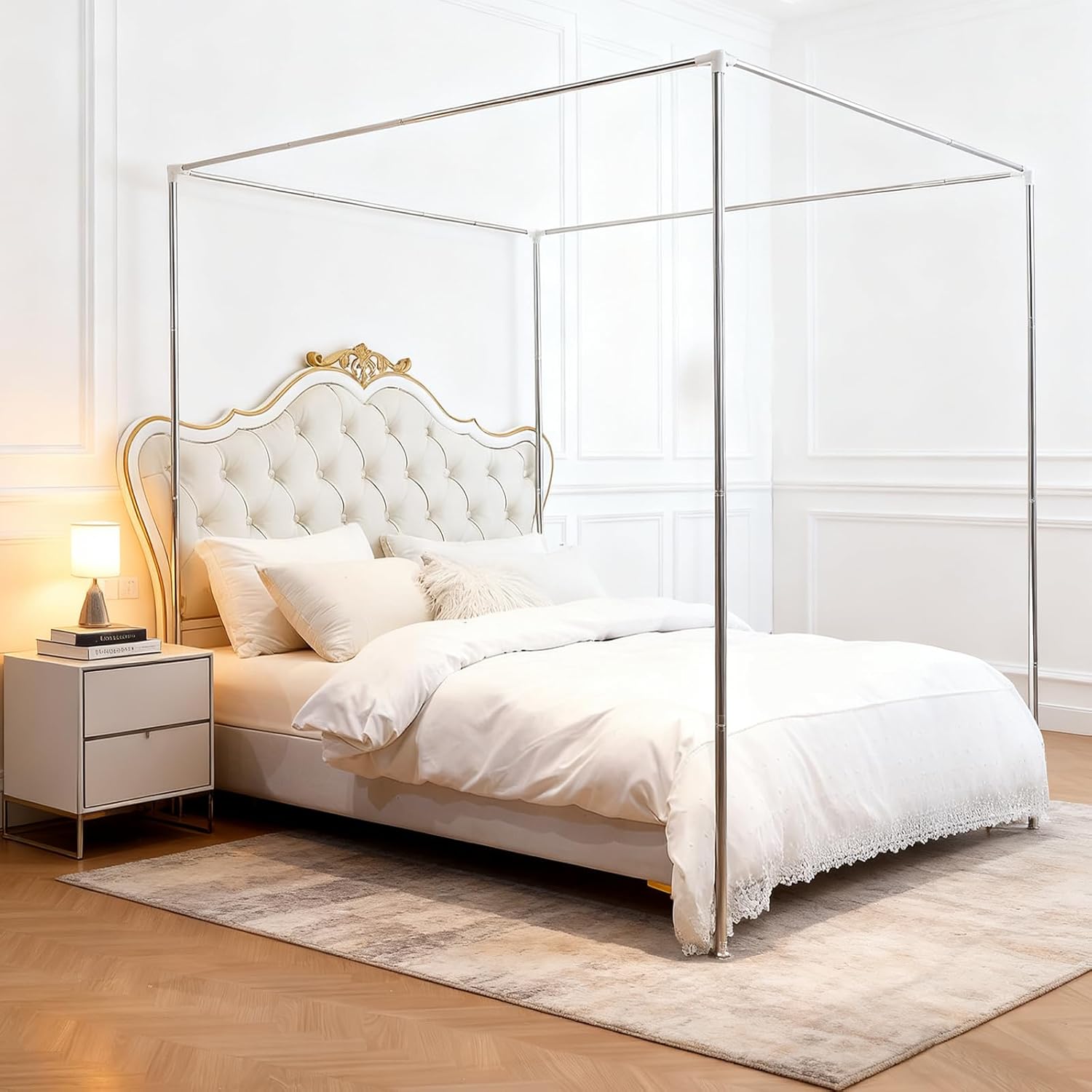 Akiky Canopy Bed Poles Stainless Steel Metal Frame 4 Corner Post Bed Frame Poles Frame Bracket Fit for Metal and Wood Bed(Queen,Silver)