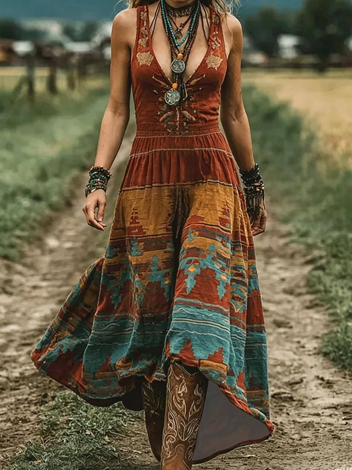 Women's Boho Vintage Print Deep V Neck Sleeveless Flowy Maxi Dress