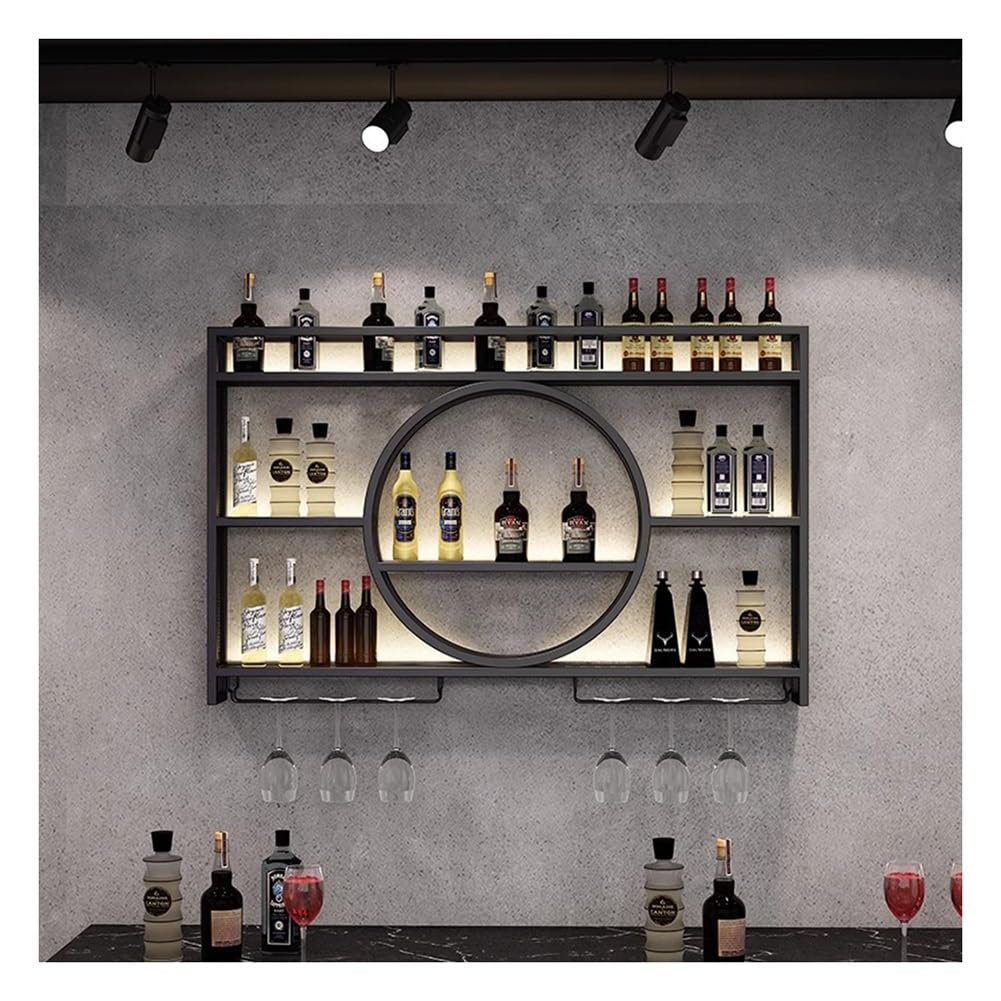 Étagère à vin murale ronde avec LED en métal noir et porte-verre suspendu moderne 120x15 cm
