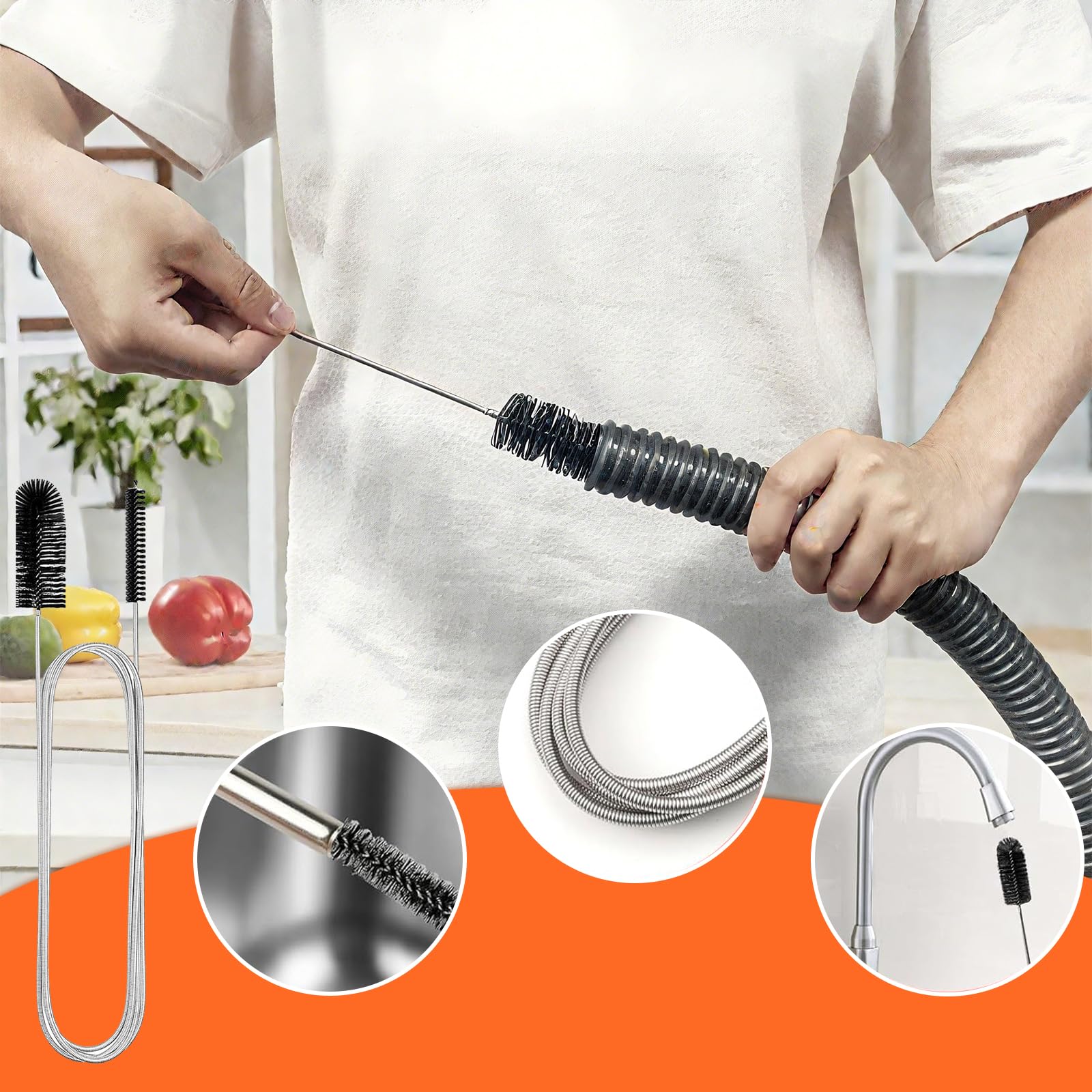 4 Piezas Desatascador Tuberias Profesional, Cepillo Desatascador de Fregadero para obstrucciones, Cepillo para desagües y Cepillo Limpiador de tuberías, Ideal para Cocina y baño