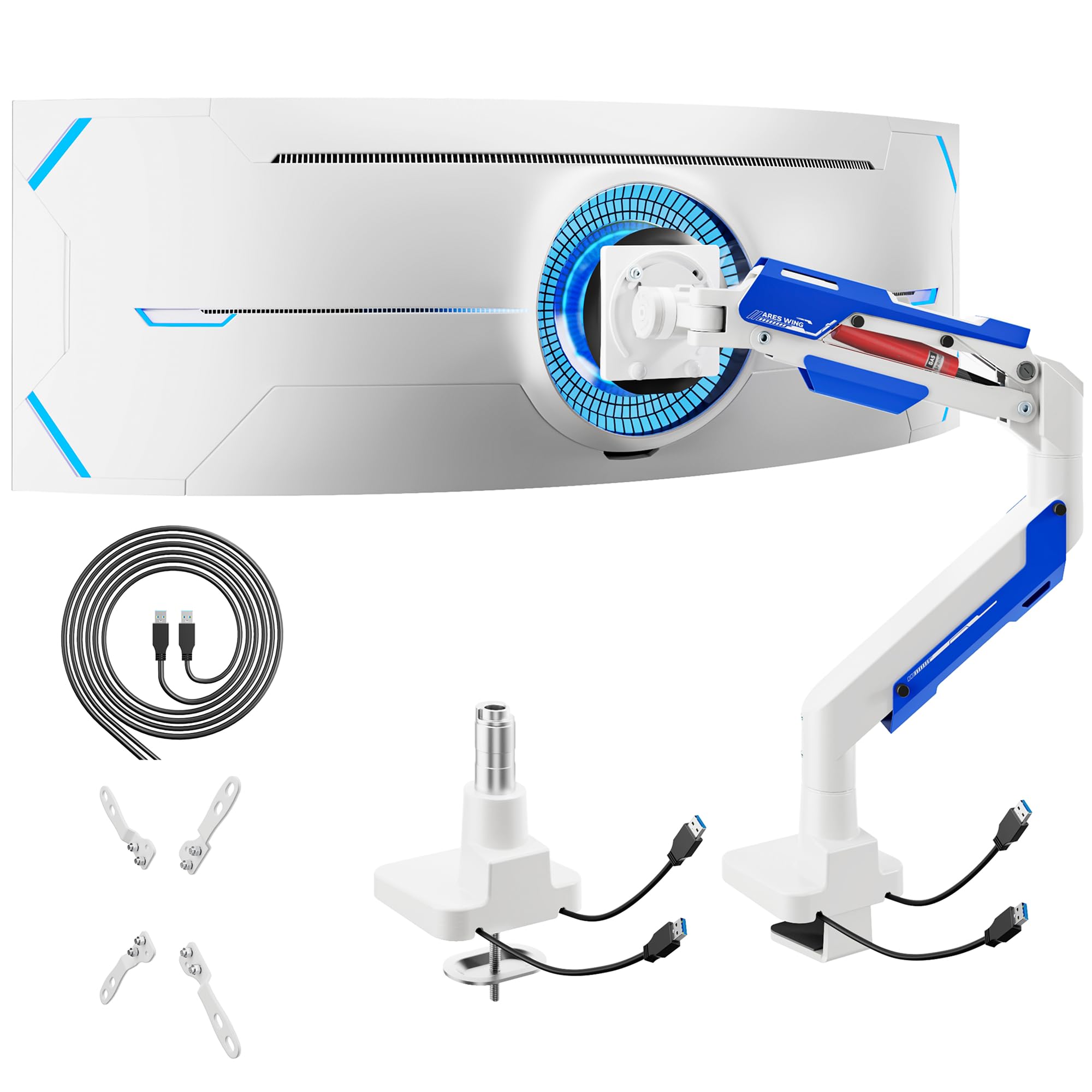 ARES WING Heavy Duty Monitor Arm with USB for 24-57 Inch Screens, White | Gas Spring Aluminum Monitor Mount for Ultrawide Screens up to 66 lbs with Clamp/Grommet Desk Mount, 75/100/200 Vesa Mount-image-28
