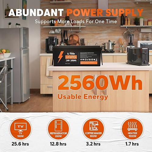 LiTime Batería LiFePO4 de 24 V 100 Ah de ciclo profundo de 25.6 voltios de ciclo profundo, fosfato de hierro y litio, batería solar de 2560 Wh para