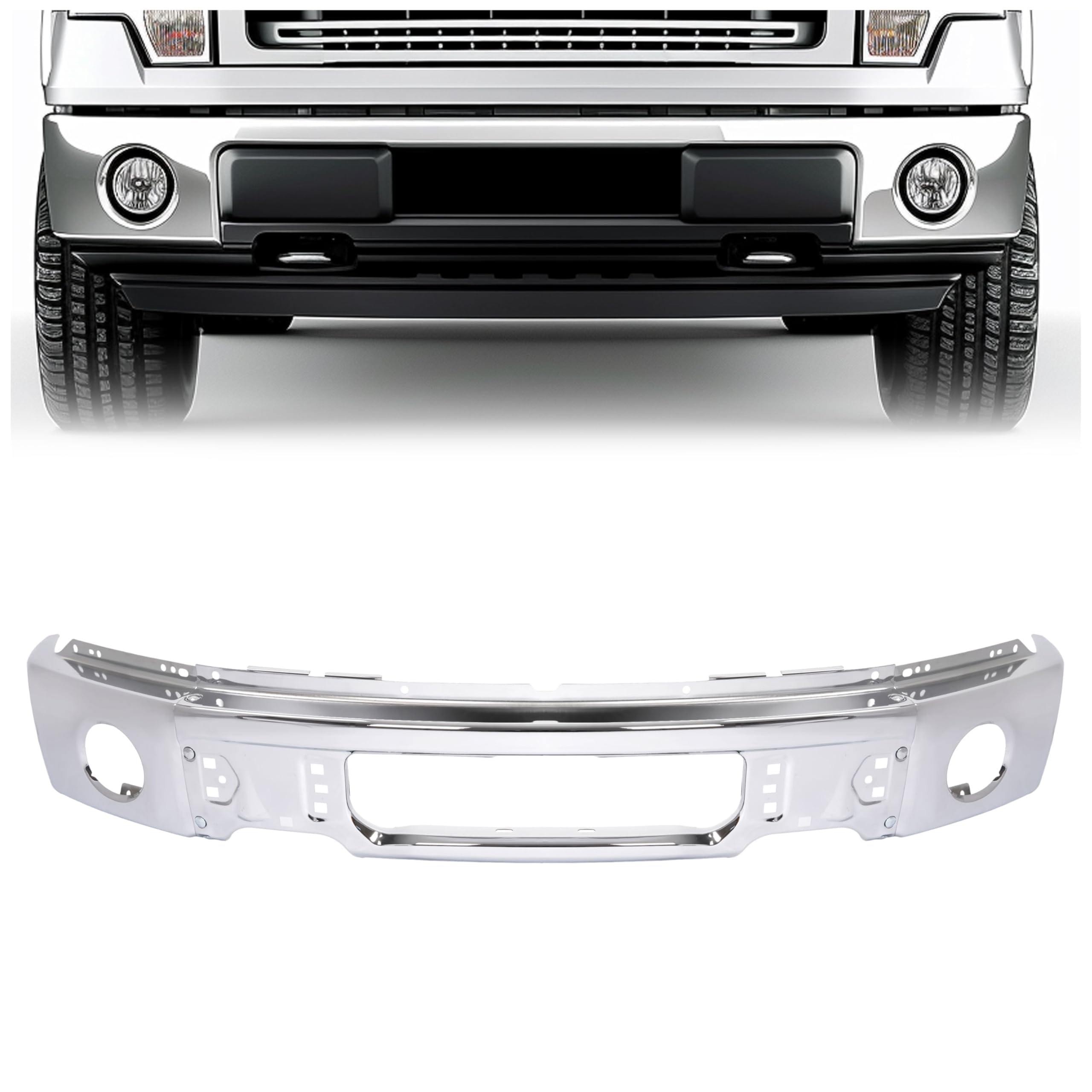 HECASA 3Pcs Front Bumper Face Bar Compatible with 2009-2014 Ford F150 Replacement for FO1002411 9L3Z17757B Chrome w/Fog Light Holes Steel Unassembled
