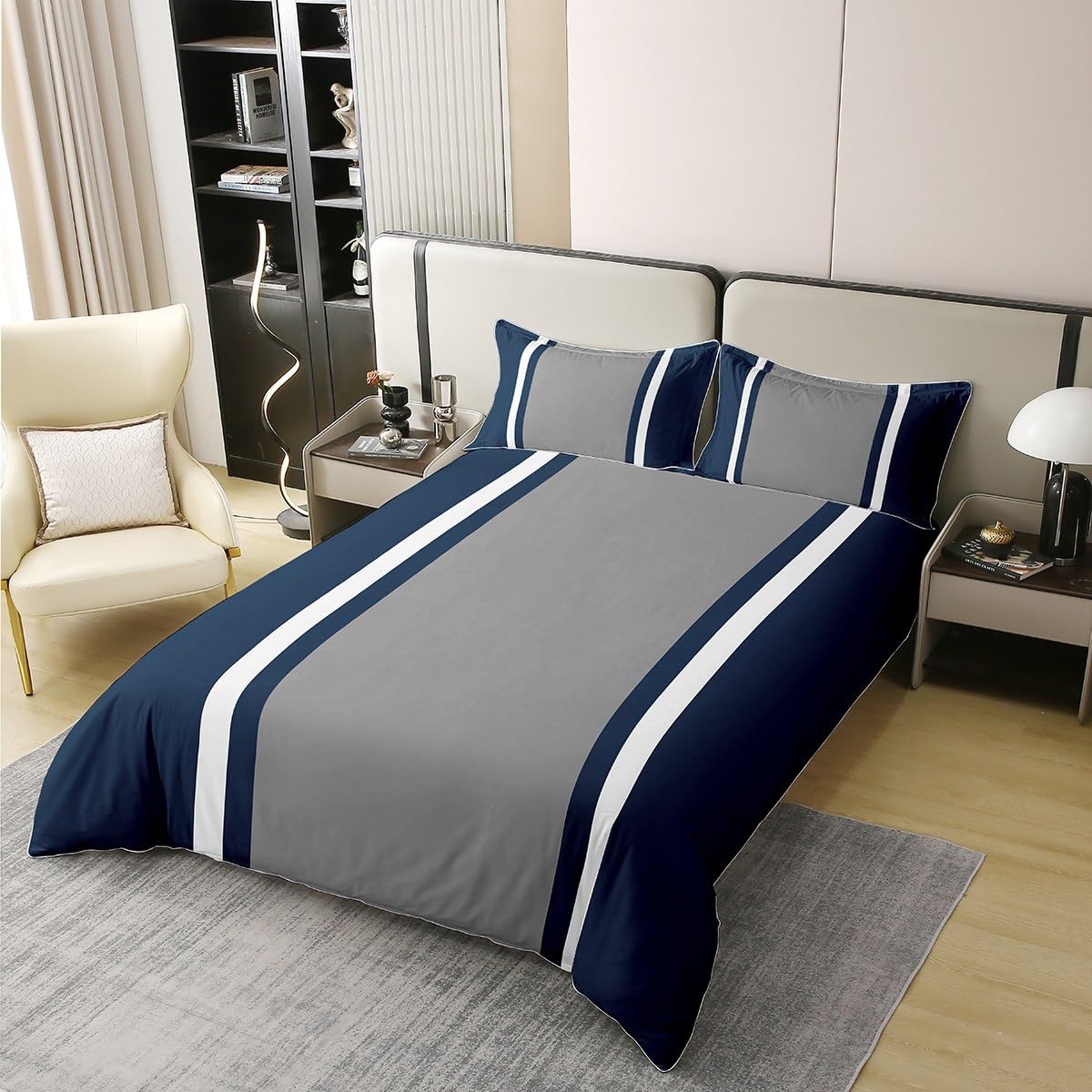Juego de ropa de cama azul marino para niños, tamaño Super King, funda de edredón geométrica 100% algodón para niños, niñas, adolescentes, decoración de dormitorio, juego de funda de edredón con