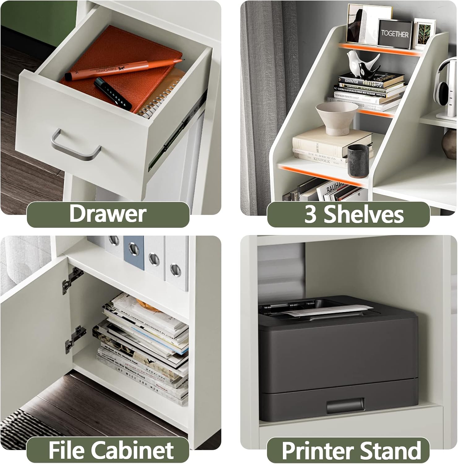 Itaar 64.5'' Large Computer Desk with Hutch, White Writing Desk with Drawers, Computer Table with Monitor Shelf, Modern Study Desk with Shelves for Home Office, White