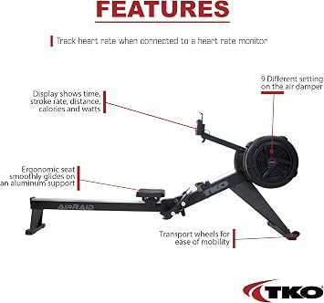 TKO AirRaid Rower | آلة تجديف مقاومة الهواء للاستخدام المنزلي والتجاري | آلة تجديف هوائية قابلة للطي مع 9 مستويات مخمد، وحدة تحكم LCD، آلة تجديف انزلاقية سلسة