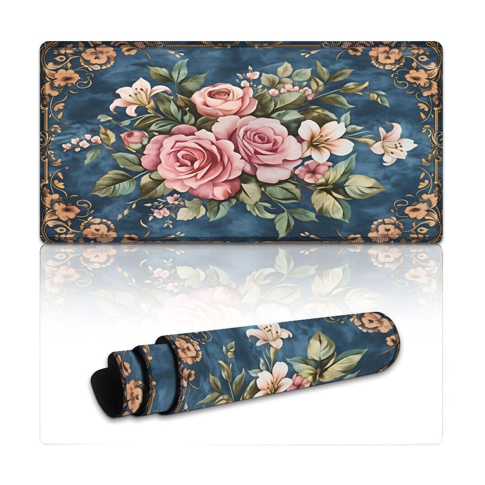 Floral Retro Large Mouse Pad 12"×24" inch Extended Gaming Mousepad Desk Mat Long Computer Keyboard Non-Slip Base Stitched Edges for Home Office Work