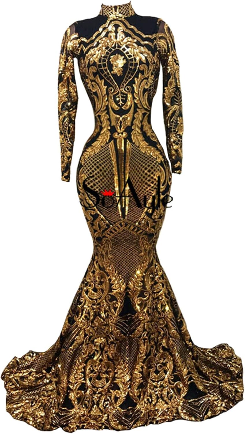 Black Gold Sequined Mermaid Long Sleeve Prom Evening Shower Party