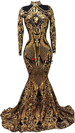Black Gold Sequined Mermaid Long Sleeve Prom Evening Shower Party Dress Celebrity Pageant Wedding Gown