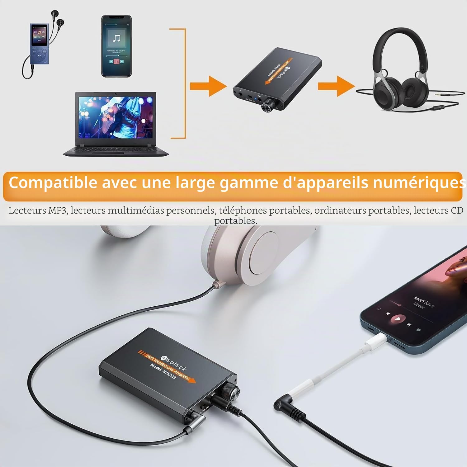 Neoteck Amplificateur de Casque Portable Audio 3.5 mm Casque HiFi Écouteurs avec Batterie au nLithium Mat Surface en Aluminium pour MP3 MP4 Téléphones Ordinateur