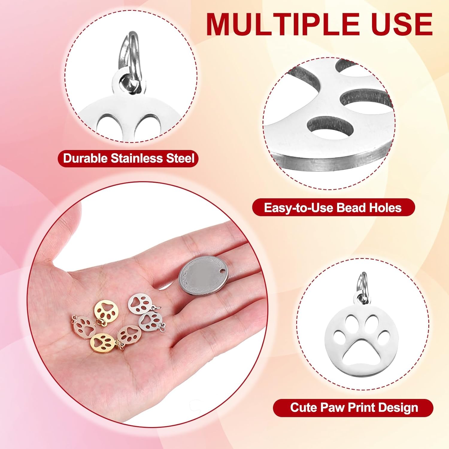 PATIKIL Dog Paw Print Charms 3mm, 20 Pcs Round Cat Dog Paw Pendant Cute Hollow Pet Animal Footprint Pendants Keychain Charm for DIY Jewelry Making Necklace Bracelet, Silver - Image 3