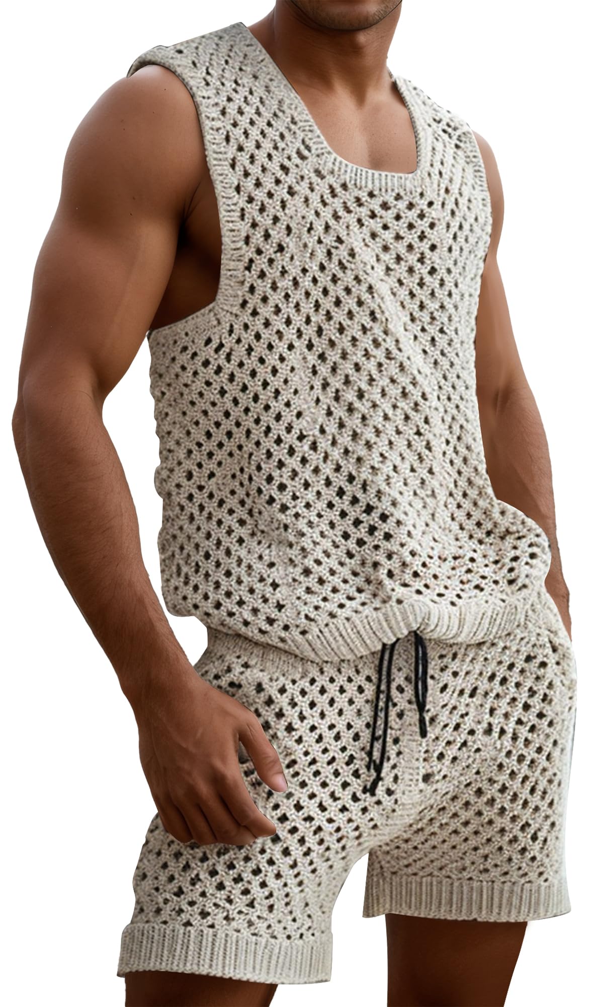 AIEOE Herren 2-Teiliges Netzanzug Gestrickter Fischernetz Set Kordel Mesh Shorts Shirt Sets M-3XL