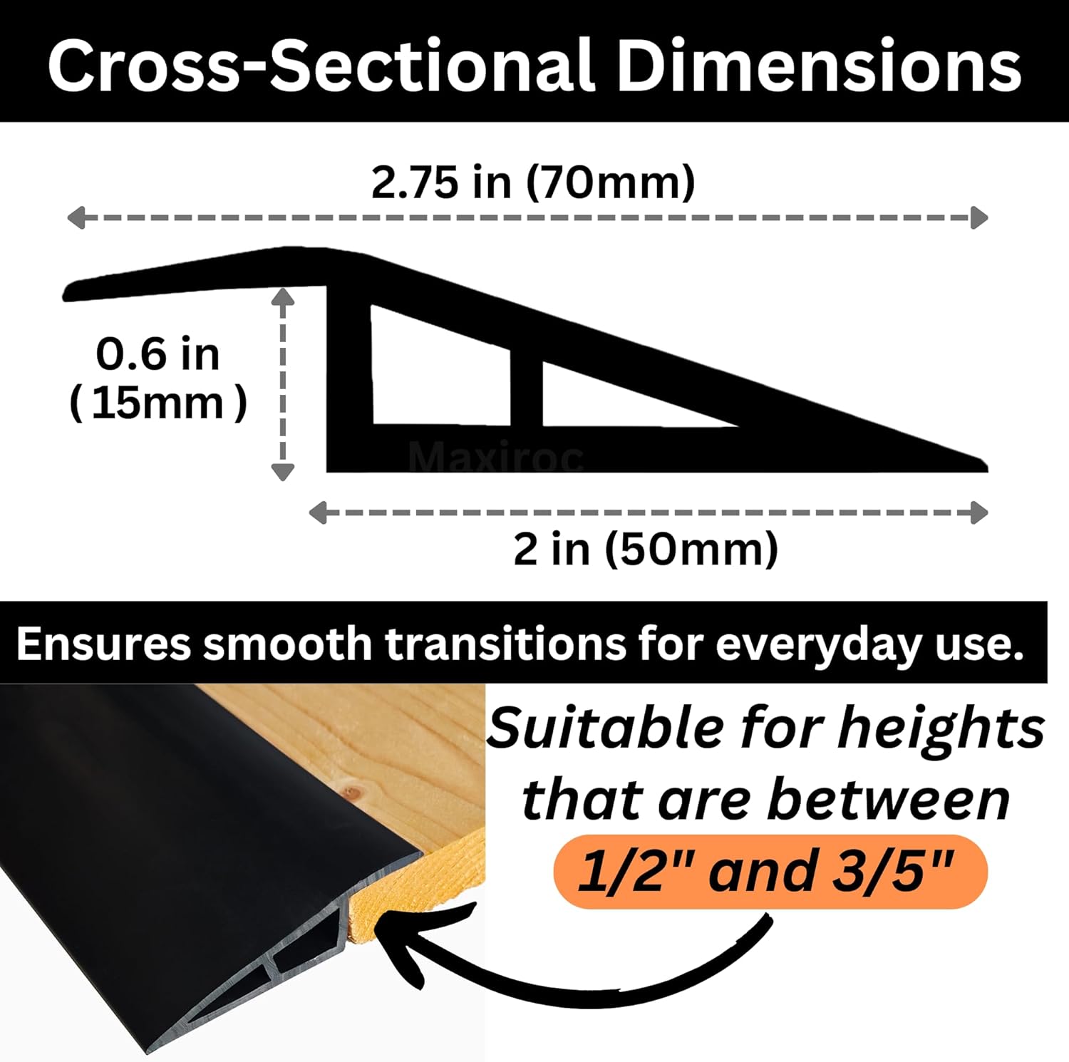 1/2" to 3/5" Height Threshold Ramp - Rubber Threshold, Floor Transition Strip, Wheelchair Ramp, Door Strip, Carpet to Tile Strip (Black, 80 inches)