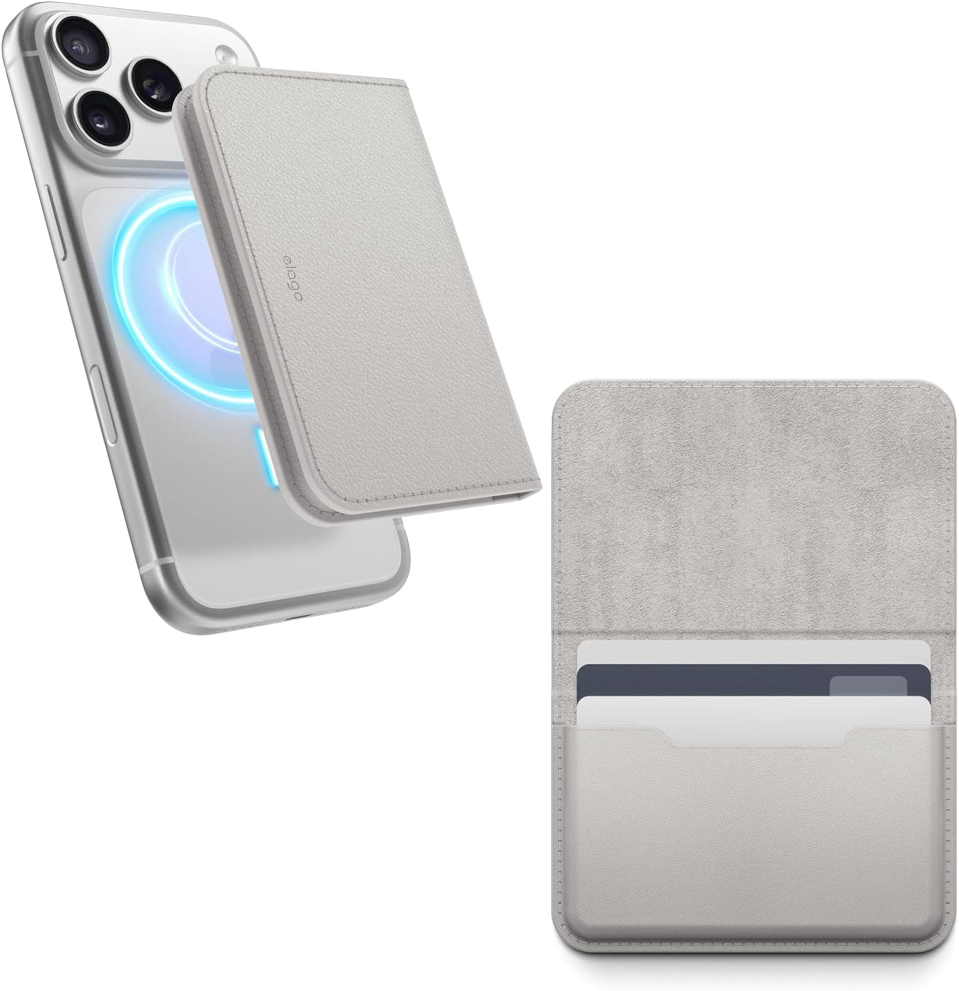 elago Magnetic Vegan Leather Wallet Card Holder 4-Cards Compatible with MagSafe for iPhone Series - Secure Phone Wallet, Scratch and Damage Protection (Light Grey)