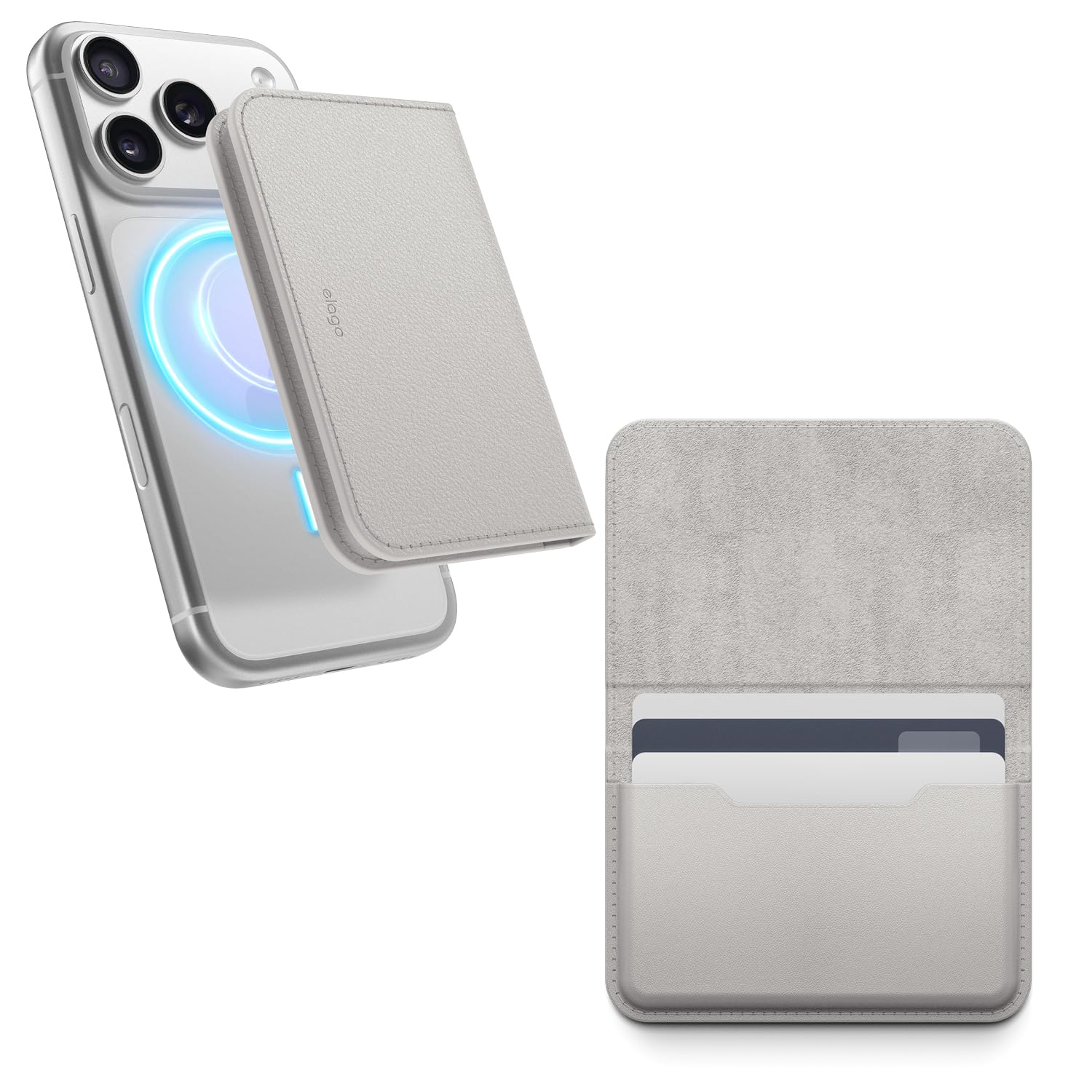 elago Tarjetero Magnético de Cuero Vegano para 4 Tarjetas - Compatible con MagSafe para iPhone, Cartera Segura para el Teléfono, Protección contra Arañazos, Admite Monedas y Billetes (Gris Claro)