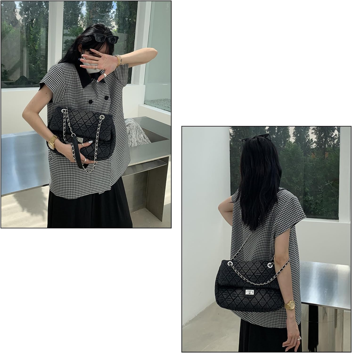 Quilted Denim Shoulder Bag for Women,Y2k Preppy Crossbody Tote Bag Purse with Chain Strap, Vintage Blue Jean Handbag - Image 6