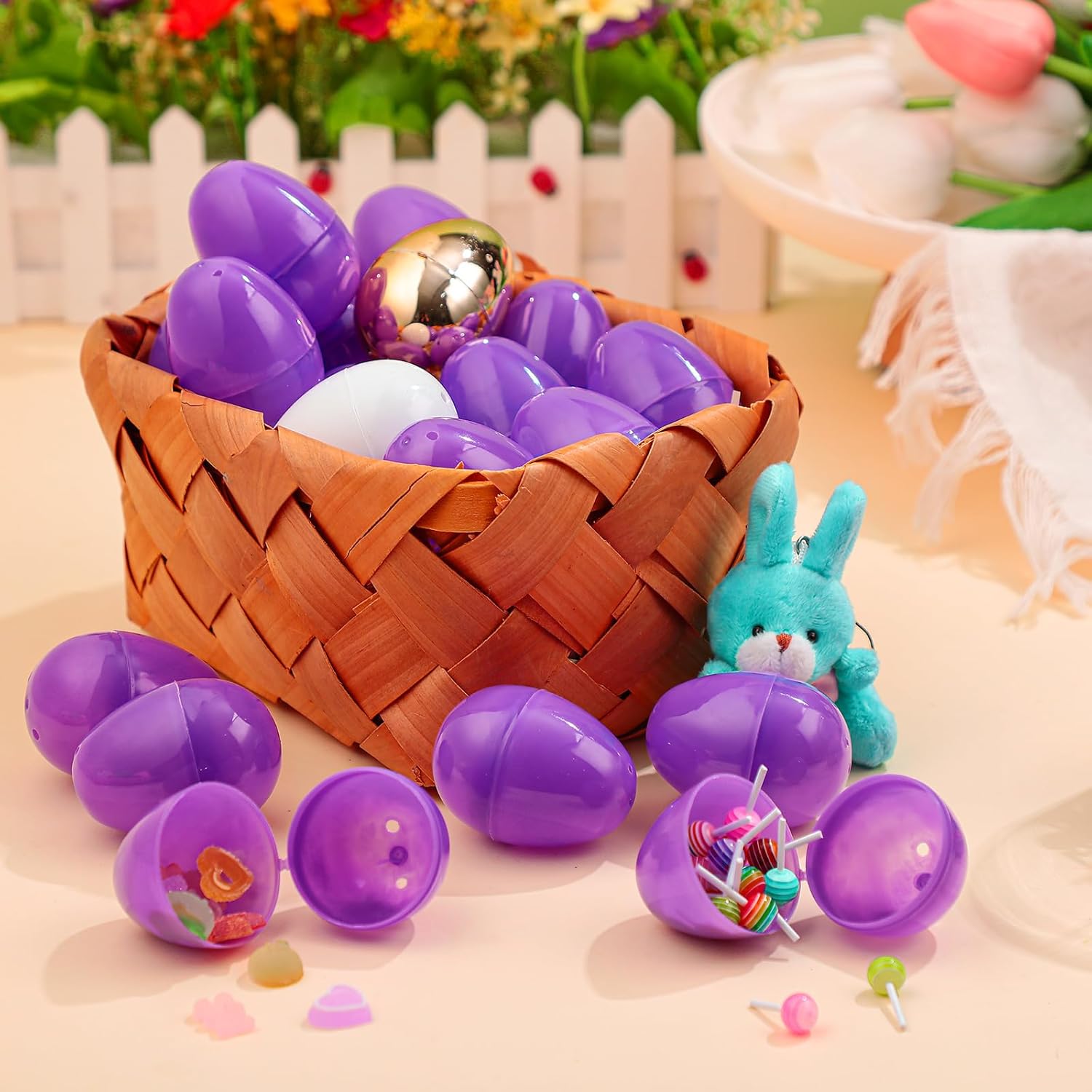 Hiboom 42 Pcs Fillable Easter Eggs Assortment Plastic Easter Surprise Eggs 40 Pcs Colored 1 Golden 1 White Egg Fillable Toys for Egg Hunt Party Favors(Purple)