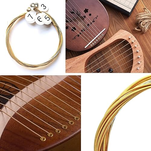 Miniatura 12 de Lyre Harp - Juego de 16 cuerdas de metal de repuesto con 50 remaches huecos de latón dorado 16 cuerdas de arpa de lira,16 pines de afinación + llave