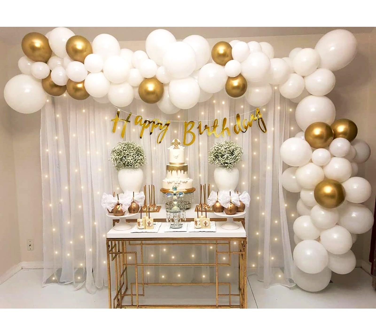 SpecialYou.in White & Gold Birthday Decoration Kit, Birthday Backdrop for Decor, White Net Curtain for Decoration Backdrop, Background Net Curtains for Decorations- 69 Pcs 1