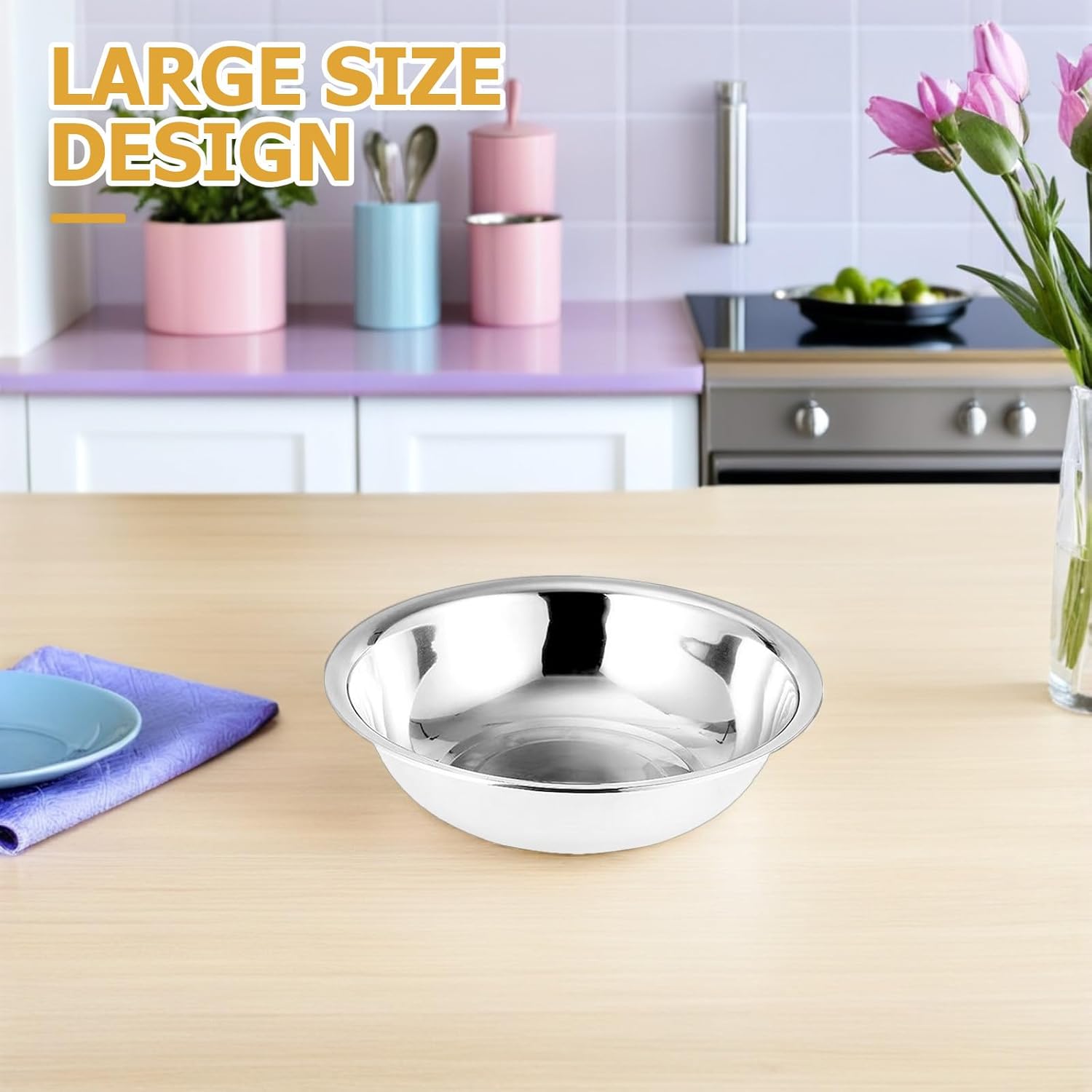Thickened 36cm Stainless Steel Kitchen Mixing Bowl Flat Bottom Household Vegetable Washing Basin Sturdy Metal Bowl for Food Prep and Fruit Cleaning