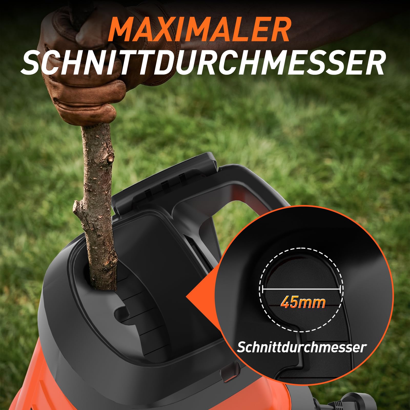MAXLANDER 2600W Elektro Gartenhäcksler mit 45L Auffangbehälter, 45 mm Aststärke