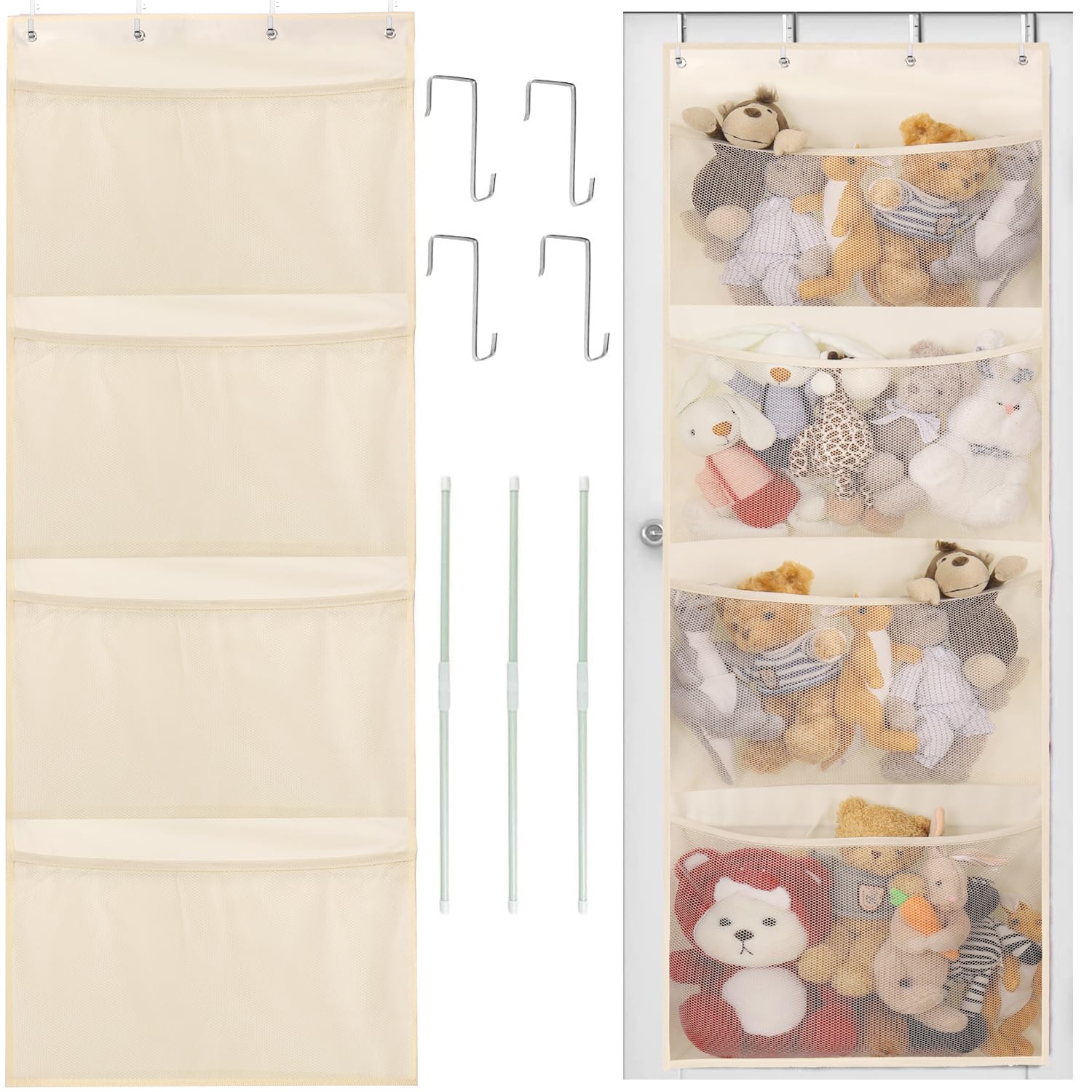 Stuffed Animal Storage, Over The Door Organizer Storage for Closet, Baby, Plush Toy, Stuffed Animal Holder with 4 Large Pockets, Hanging Door Organizer for Nursery, Bedroom, Bathroom, Kids Room(Beige)