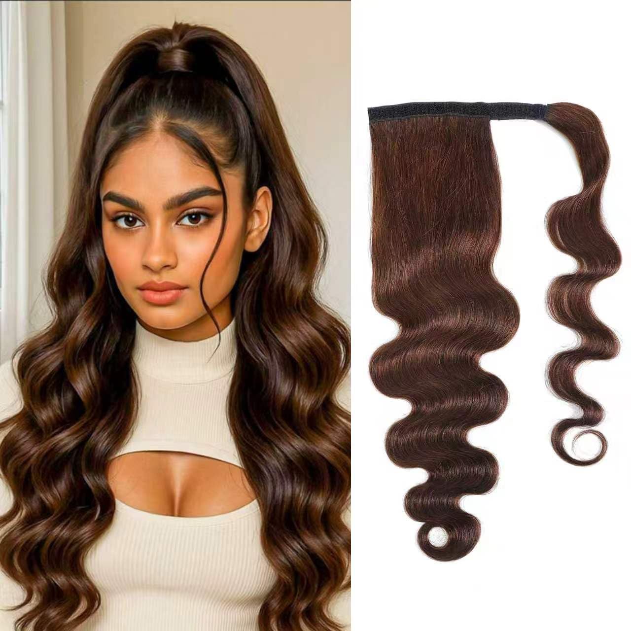 Body Wave Ponytail Human Hair for Black Women 100% Brazilian Virgin Human Hair Ponytail with Magic Paste Wrap Around Natural Black Color（ 20 Inch ）