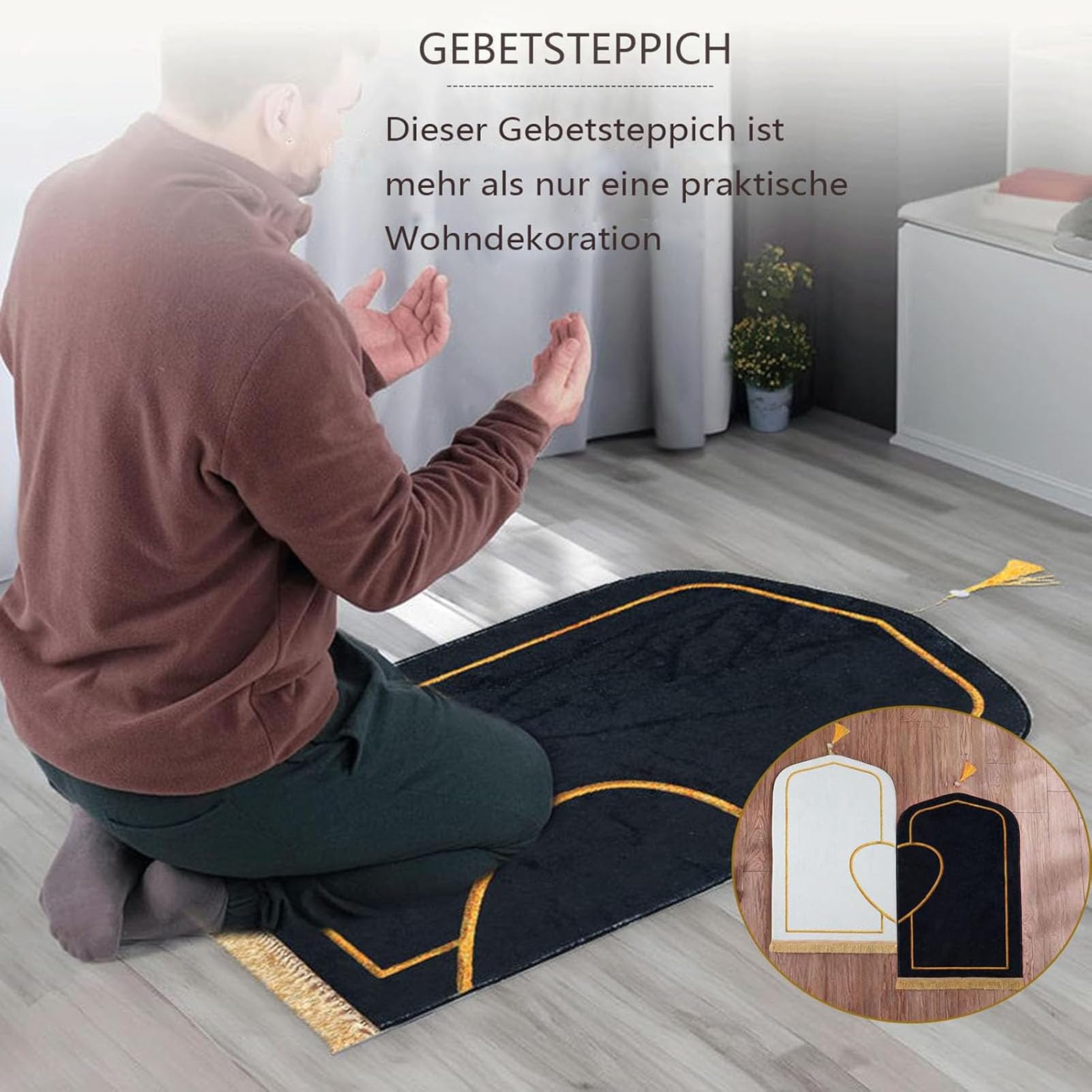 Ensemble de tapis de prière musulmane épais et doux en imitation cachemire pour couples, Ramadan, Aïd, Bayram, cadeau islamique (noir blanc, 80 x 140 cm)