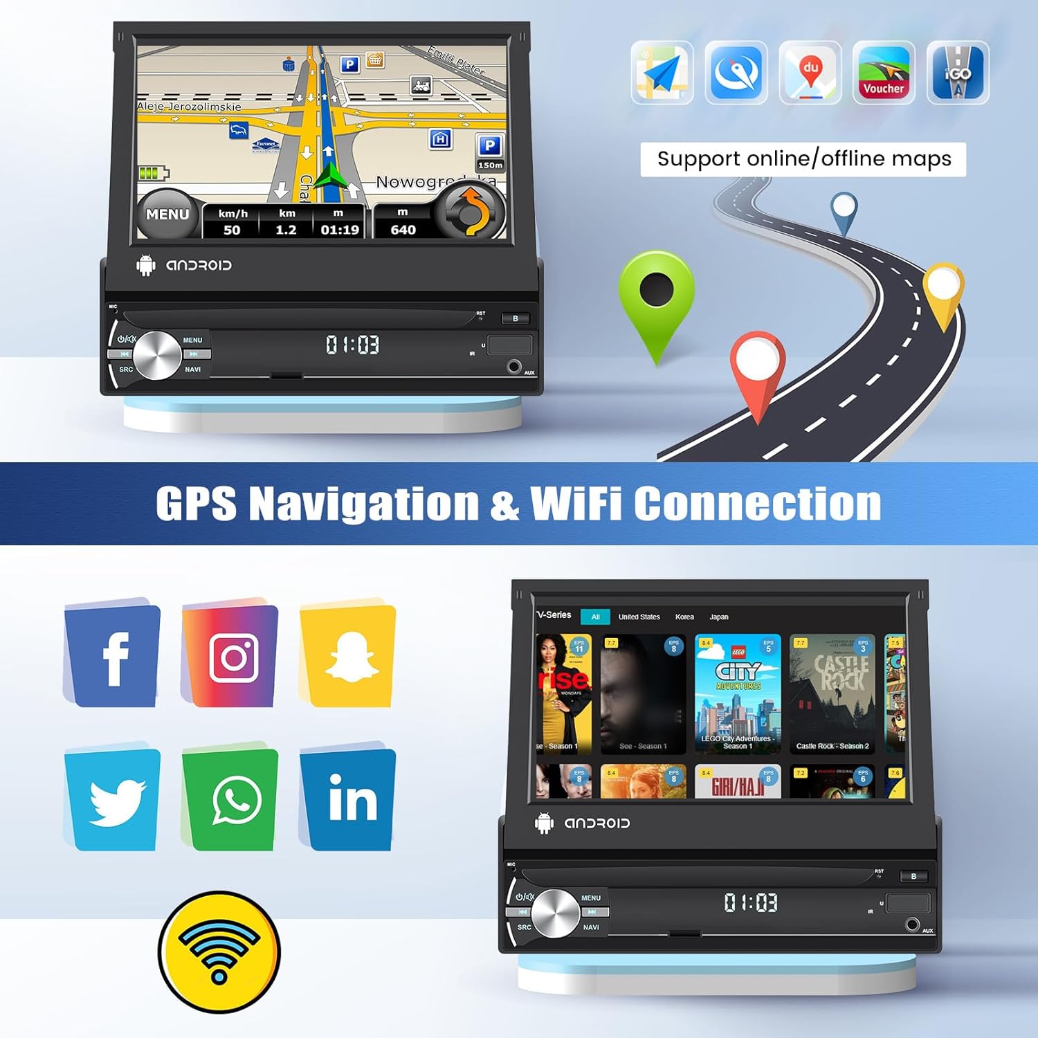 CAMECHO car radio displaying split screen mode with navigation and music, highlighting Android 13, 2GB RAM, 64GB ROM, and 4-core CPU.