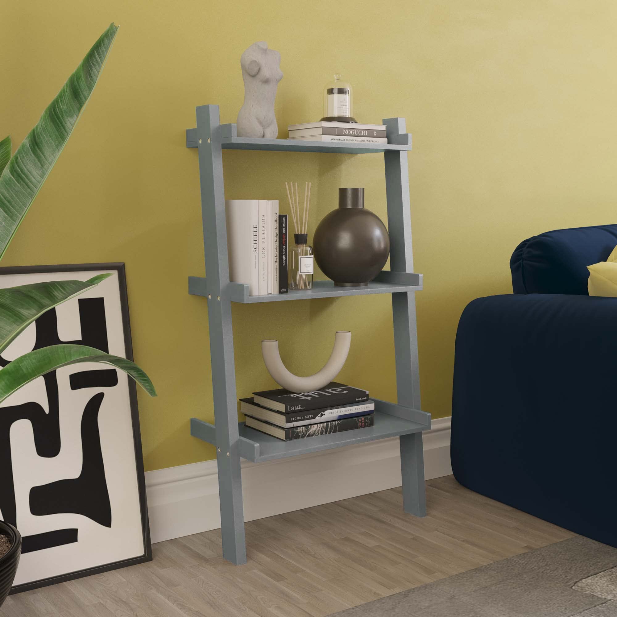 Vida Designs York 3 Tier Ladder Bookcase - Leaning Shelf Display Storage Unit with Open Shelves - Modern Bookshelf for Living Room, Bedroom or Home Office - Grey - H 100.5 x W 56 x D 32.5 cm