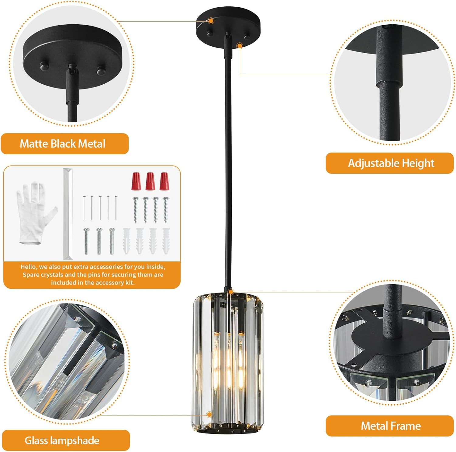 Black Pendant Lighting Modern Pendant Light Mini Crystal Chandeliers Adjustable Pendant Light Fixture for Kitchen Island Dinning Room Corridor Bedroom(Black 1-Light)