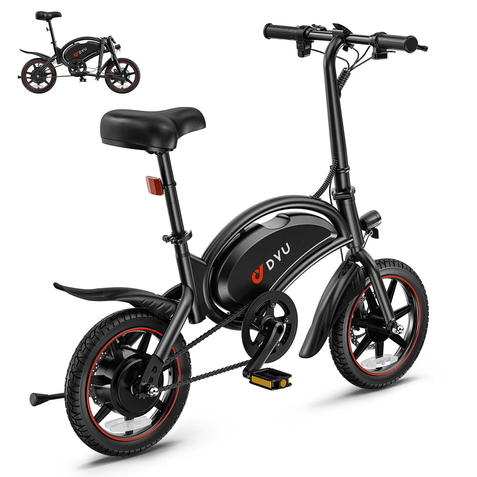 DYU D3S Vélo électrique Pliant 14" - Vitesse maximale de 25 km/h, portée de 40 km, Freins à Disque - Pliable - pour Adolescents et Adultes - Noir