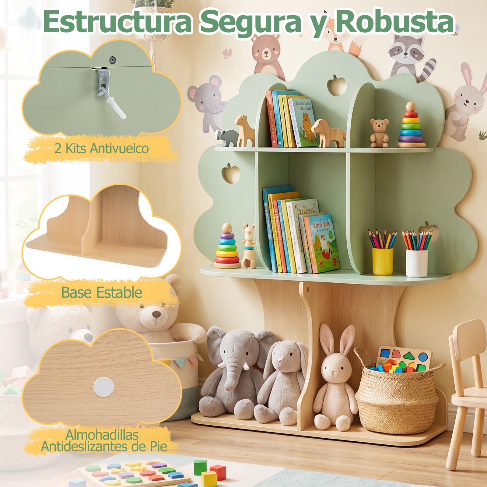 COSTWAY Estantería Infantil en Forma de Árbol, Librería para Niños con 8 Cubos Abiertos, Diseño de Manzanas Caladas, Organizador de Almacenaje para Sala de Juegos, Guardería, 97 x 28 x 114 cm