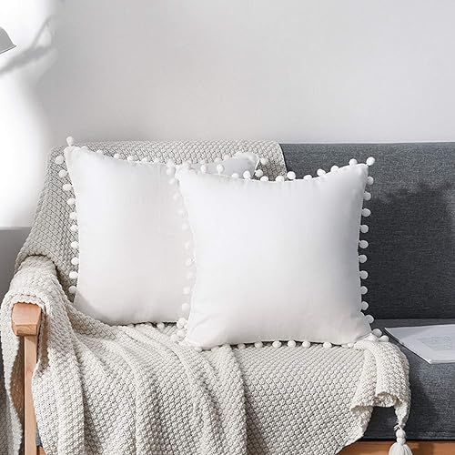 CAWANFLY Juego de 2 fundas de almohada decorativas con bonito pompones, funda de cojín cuadrada suave para decoración del hogar para sofá, cama