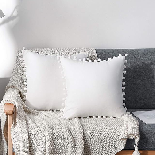 cawanfly 2 Packs Cute Pompom Cushion Covers 18x18 Inch Soft Square Decorative Throw Pillowcases for Livingroom Home Sofa Couch Bed Decor