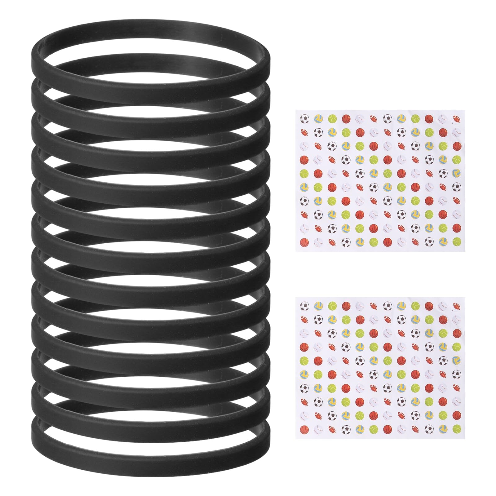 YELARXI Silicone Bracelets, Dia 14-19cm Solid Color Rubber Wristbands, Blank Stretch Bands with Sports Stickers 12 Pcs & Black -Fitting For(Basketball/Men/Women/Party/Sports Train)